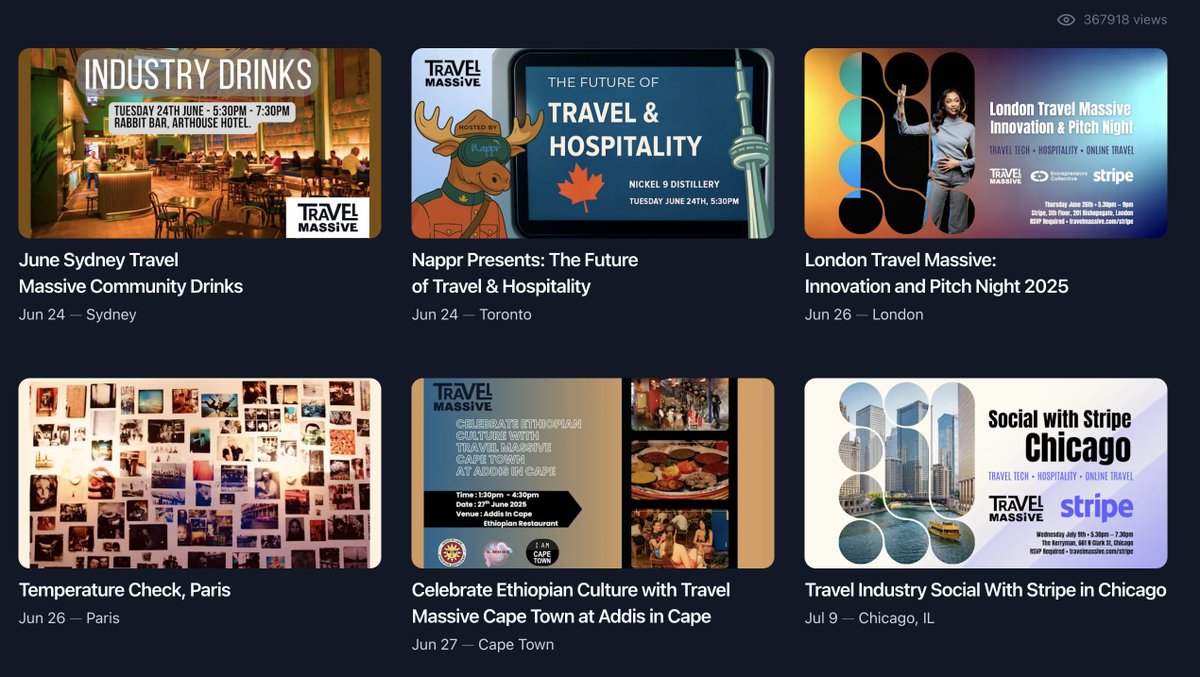 We're hosting Travel Massive meetups in Sydney, Toronto, London, Paris, and Cape Town this week. Do you work in travel? Join us!
travelmassive.com/events