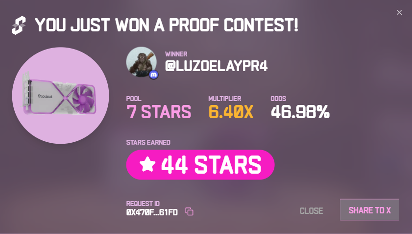 I just won 44 stars in the Succinct Stage 2 Proof Contest! Prove with us <a href="/SuccinctLabs/">Succinct</a> #ProveWithUs