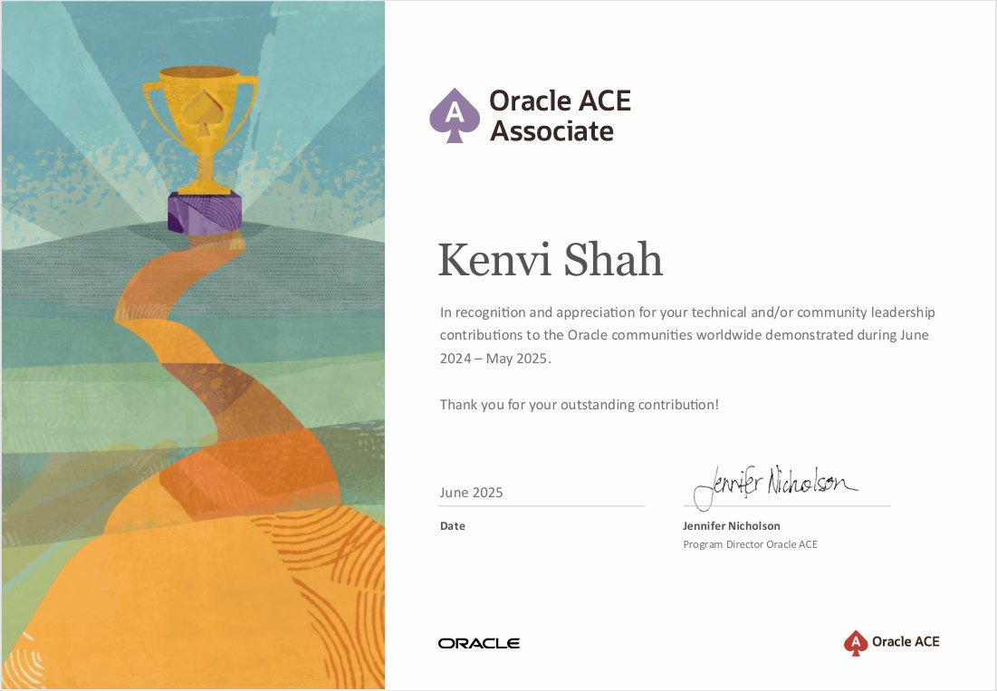 Kenvi Shah (@kenvi_shah) on Twitter photo I’m thrilled to announce that I’ve officially received the Oracle ACE certificate!
A heartfelt thanks to <a href="/Oracle/">Oracle</a> , <a href="/oracleace/">Oracle ACE Program</a>, <a href="/4iAppsOracle/">4i apps solutions</a>, <a href="/inoaug/">INOAUG</a> - your recognition and ongoing support mean a lot to me.
#Oracle #OrclAPEX #OracleACE #CareerMilestone #WomenInApex I’m thrilled to announce that I’ve officially received the Oracle ACE certificate!
A heartfelt thanks to <a href="/Oracle/">Oracle</a> , <a href="/oracleace/">Oracle ACE Program</a>, <a href="/4iAppsOracle/">4i apps solutions</a>, <a href="/inoaug/">INOAUG</a> - your recognition and ongoing support mean a lot to me.
#Oracle #OrclAPEX #OracleACE #CareerMilestone #WomenInApex