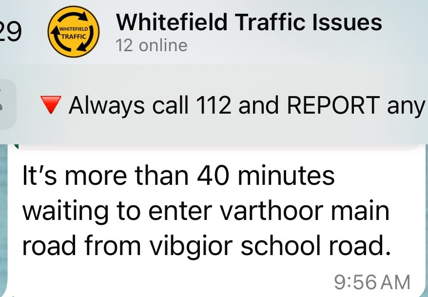 Everyday in our area. 

Ambulances stuck. Absolute gridlock from Marathahalli till Varthur Kodi.

Doctor appointments cancelled. And before anyone asks why didn’t they walk - 95+ year old mother who cannot walk. And our footpaths are not accessible by wheelchairs either. 

Old
