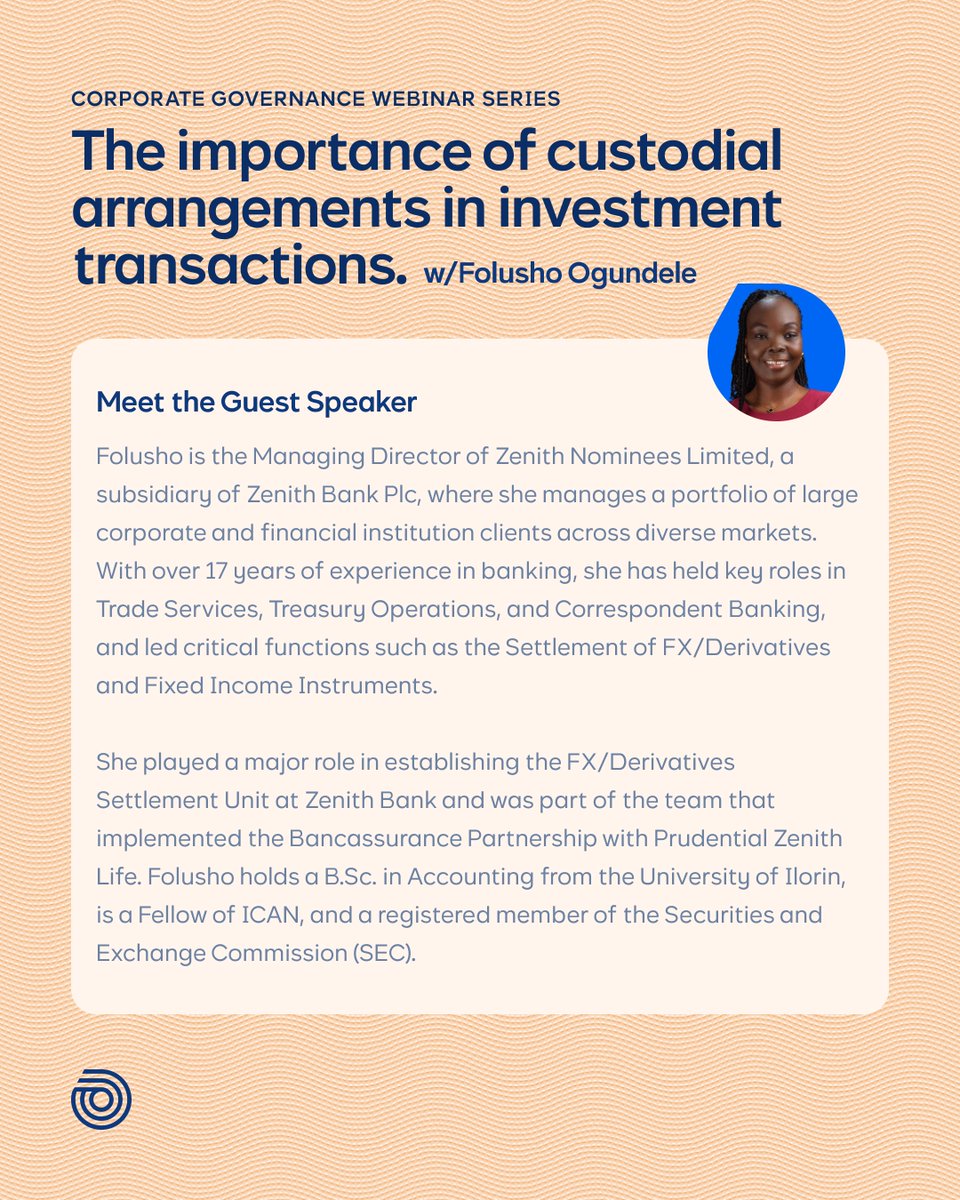 We talk a lot about where to invest. But let’s talk about who holds your money, and how they keep it safe.

This Thursday, join us to discuss Custodial Arrangements in Investment Transactions with Folusho Ogundele (CEO, Zenith Nominees).

Save your seat: eventbrite.com/e/importance-o…