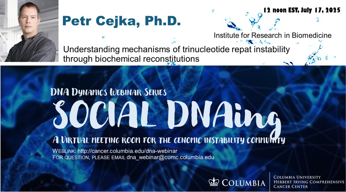 Thank Dr. Wang for a great talk. Social DNAing will welcome an old friend - Dr. Petr Cejka <a href="/CejkaLab/">Cejka Lab</a>  this week! Looking forward to some elegant biochemistry! Sign up at cancer.columbia.edu/research/progr…