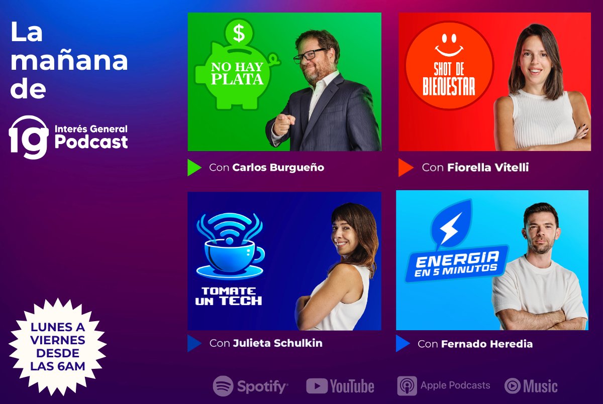 InteresGeneral_'s tweet image. AL QUE MADRUGA...

📲 De lunes a viernes, desde las 6 AM, te informás con nuestros podcasts:
💸 Economía (@cburgueno) 
⚡ Energía (@fheredia_) 
🌱 Bienestar (@fiovitelli) 
🧠 Tecnología (@chulkinet) 

Todo en pocos minutos, en tu plataforma favorita.
#Podcast #InterésGeneral…