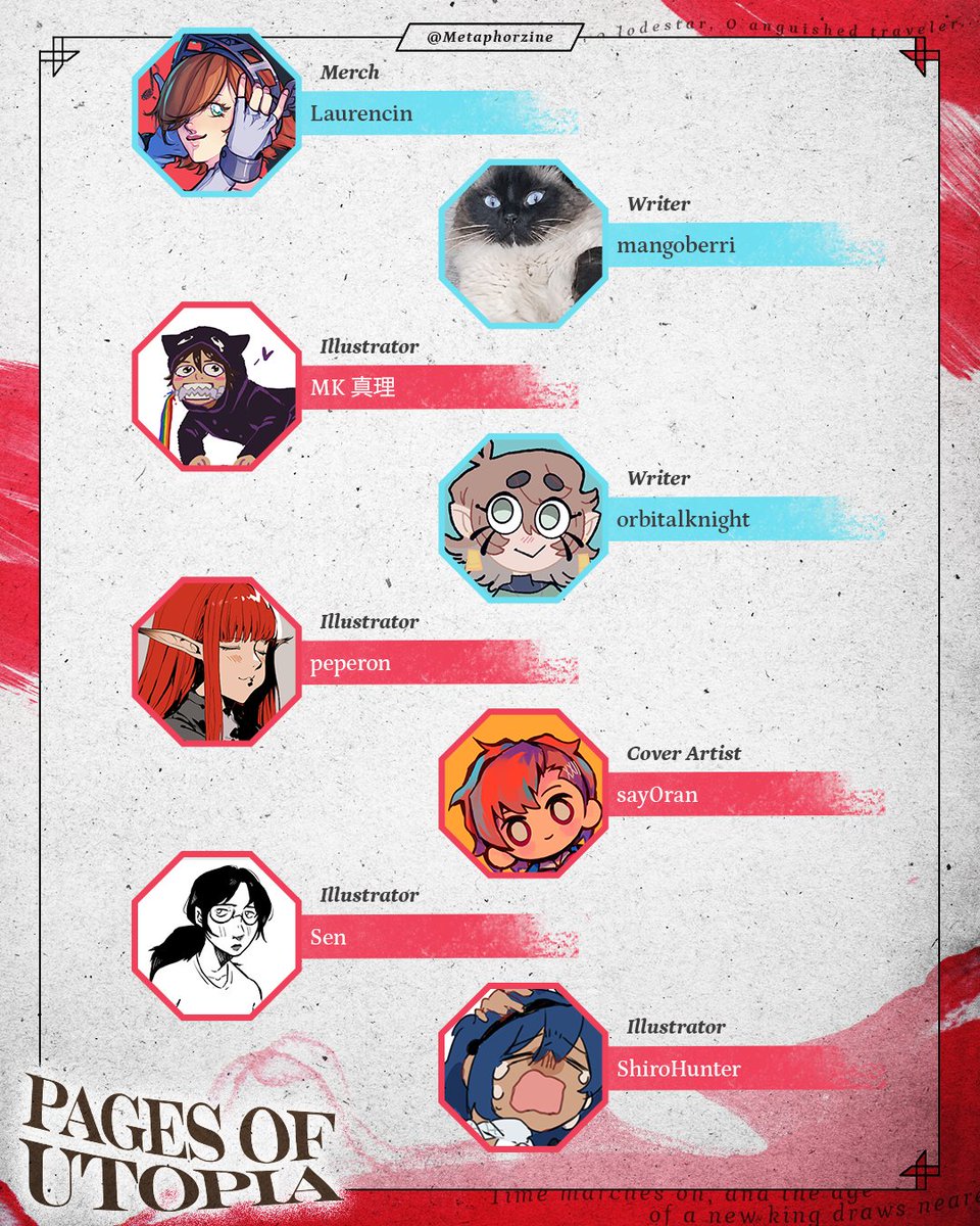 Pages of Utopia: A Metaphor Zine (@metaphorzine) on Twitter photo Meet the contributors of Pages of Utopia:
🦷Laurencin
🦷<a href="/aonosumika/">artemis!</a>
🦷MK 真理
🦷orbitalknight
🦷<a href="/peperou9/">ペペロン@夏コミ一日目 東5 テ59b</a>
🦷<a href="/say0ranarts/">jade✨@ 🔜ANYC S30</a>
🦷Sen
🦷<a href="/ShiroHunter/">Shiro ❄️</a> Meet the contributors of Pages of Utopia:
🦷Laurencin
🦷<a href="/aonosumika/">artemis!</a>
🦷MK 真理
🦷orbitalknight
🦷<a href="/peperou9/">ペペロン@夏コミ一日目 東5 テ59b</a>
🦷<a href="/say0ranarts/">jade✨@ 🔜ANYC S30</a>
🦷Sen
🦷<a href="/ShiroHunter/">Shiro ❄️</a>