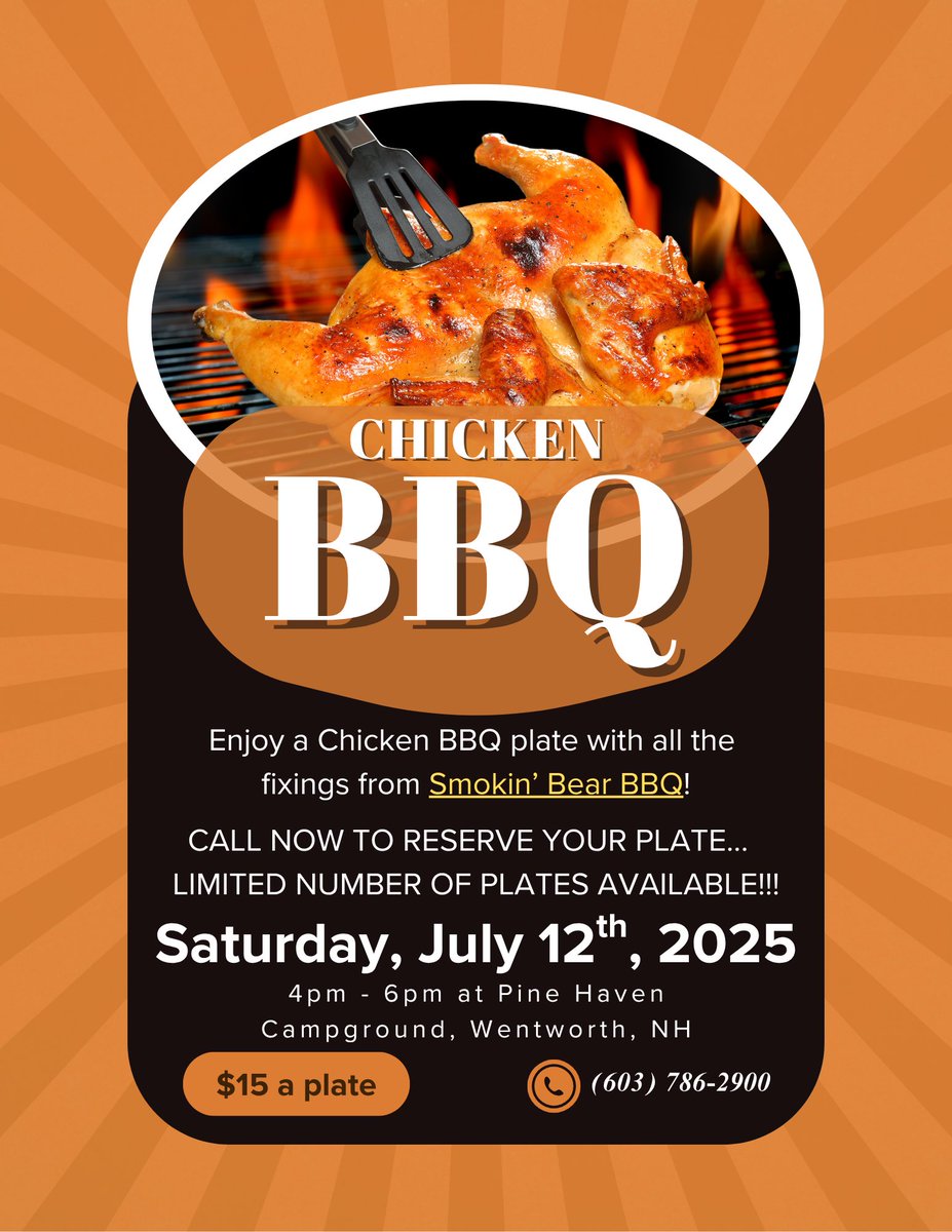 pinehavennh's tweet photo. Chicken BBQ with Smokin Bear BBQ is back!!! Get your plate of delicious chicken w/ all the fixings for $15… limited number of plates available!  Call our office today 603-786-2900.  Check out Smokin Bear BBQ:  https://t.co/wBF3mkteei. https://t.co/E2nNJkwdOZ