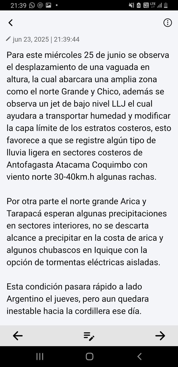 AVISO ZONA NORTE.

El avance de una vaguada en altura aportará precipitaciones, chubascos reg de Arica-Parinacota  Tarapacá.

En reg de Antofagasta,Atacama sector costero puede caer lluvia ligera.

Nieve en alta cordillera,todo el tramo y hasta Ohiggins esto para el Miercoles