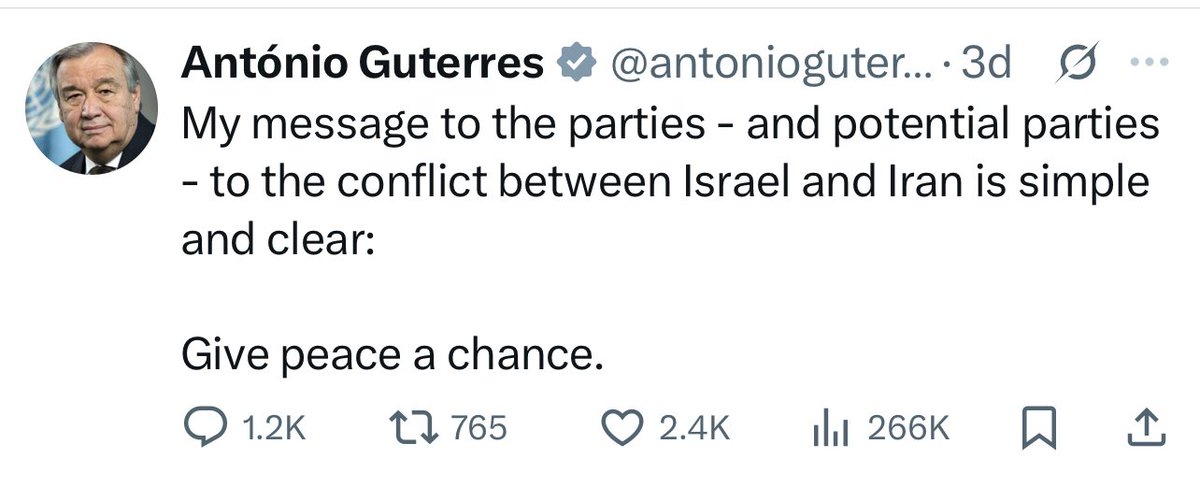 Victor_E_NYC's tweet image. You can give all the credit you want to President Trump
I think António Guterres deserves all the the credit for the ceasefire between Israel and Iran
👇👇👇 this post did it 👇👇👇