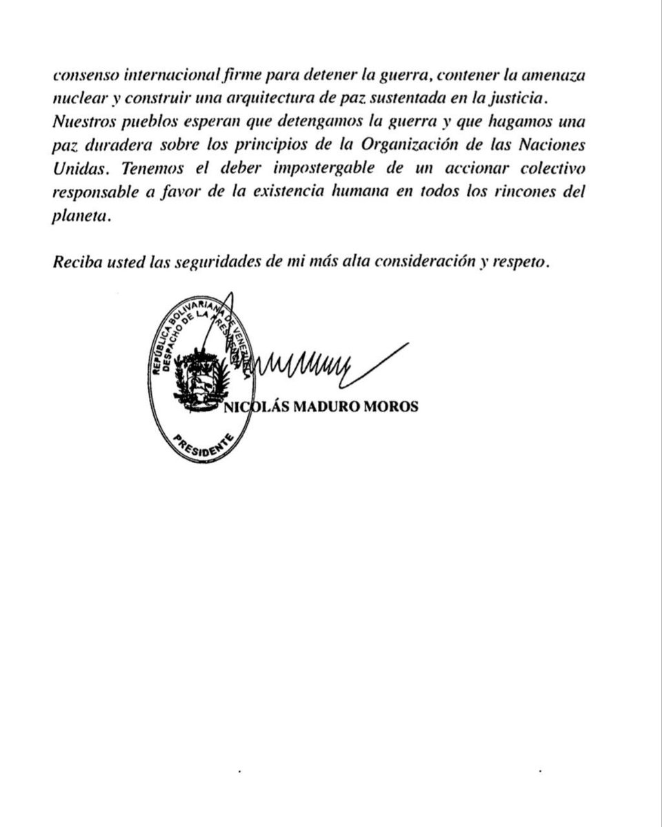 Presidente Nicolás Maduro sigue demostrando que es un líder de talla mundial: "Aquí les comparto mi carta con la convocatoria de una 'Cumbre por la Paz y contra la Guerra' urgente. En manos de Dios lograremos la Paz permanente"