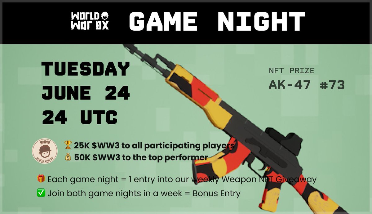 🎮 GAME NIGHT RETURNS — TUESDAY JUNE 24 @ 24 UTC

💥 NFT PRIZE: AK-47 #73
🏆 25K $WW3 for all players
💰 50K $WW3 to the top performer
🎁 Every Game Night = 1 entry into our weekly Weapon NFT Giveaway
✅ Join BOTH game nights in a week = Bonus Entry
🧠 Discord: