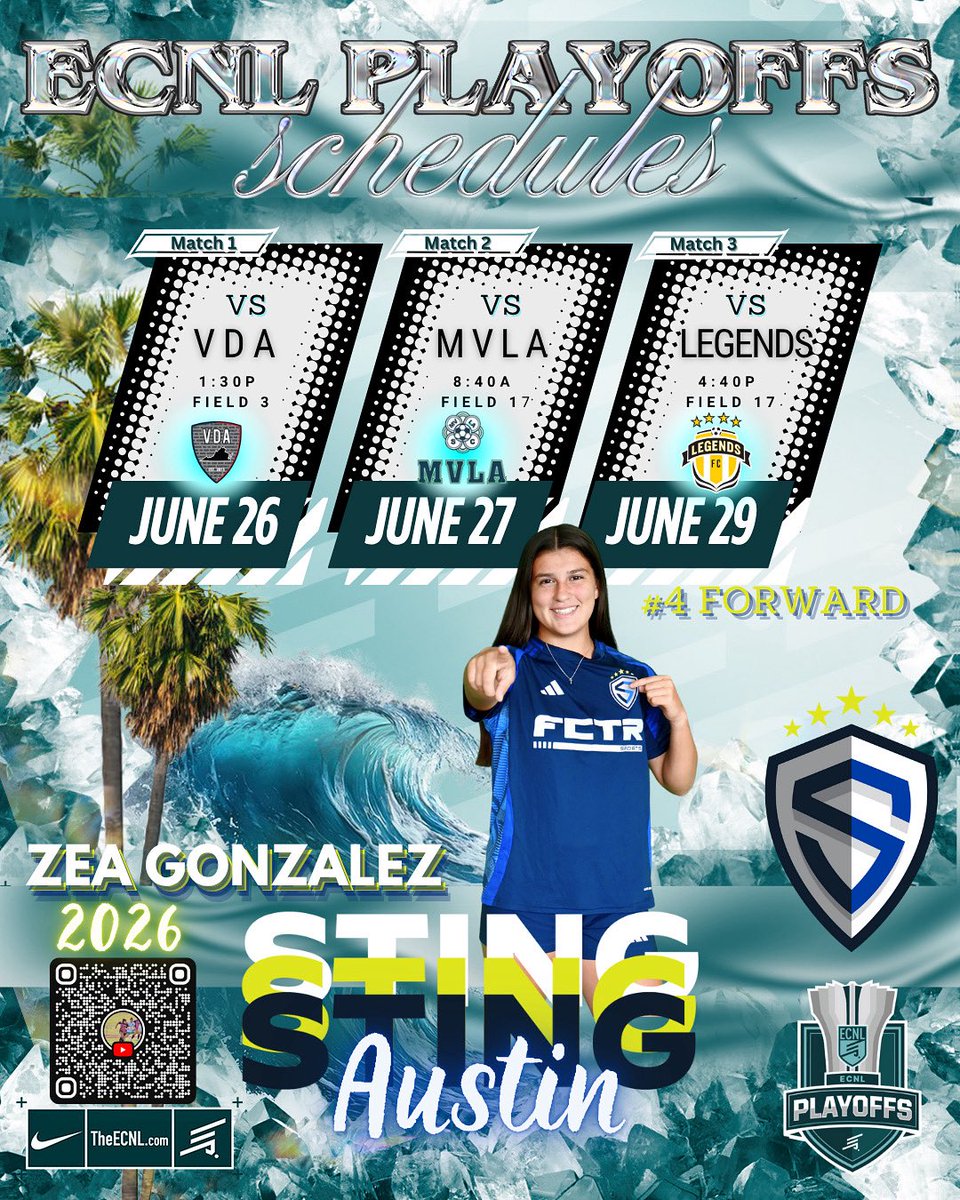 Playoff schedule out!  Flying out in ✌🏼days! Thankful for the opportunity to play with my team in the Champions League! 🌴☀️😎🌊
#10zealizette #ecnlplayoffs #ecnlgirls #leadersplayhere #braveboldone #stingaustinecnl #classof2026 #forward #striker #glorytogod #ecnlchampionsleague