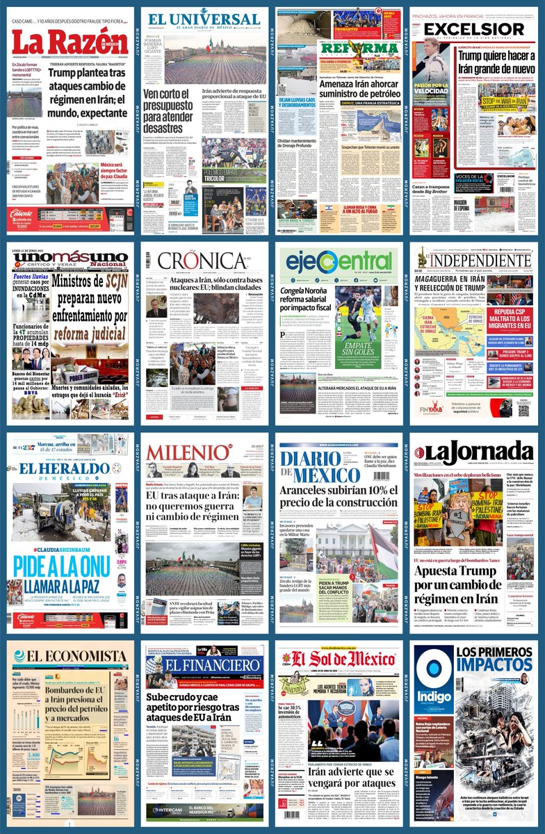 #PrimerasPlanas
Lunes 23/06/2025

Noticias relevantes: 
💥 Bombardeo a Irán presiona el precio del petróleo.

Recopilación: <a href="/juvazrom/">Juan Vázquez Romero 🇺🇦</a>