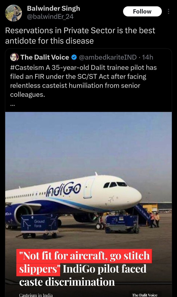 venkat_fin9's tweet photo. So now the solution to caste discrimination is more discrimination through reservations in private sector? What a shameful thought.

Let’s be honest, Reservations are the very reason casteism is kept alive in people’s minds. Instead of eradicating caste-based identity, it institutionalizes it, fuels division, and gives political parasites a vote-bank tool to exploit forever.

If politicians were serious, they’d, Start phasing out reservations logically and gradually. Implement strict, fast-track punishments for any proven caste-based abuse or discrimination. Build a truly merit-based society, not this entitlement-driven mess.

But instead, we have people demanding quotas in private sector,  where competence and performance should be the only criteria. If this mindset spreads, it will destroy India’s work culture and push real talent away.

Enough of this hypocrisy. You can’t fight discrimination by mandating it in reverse.