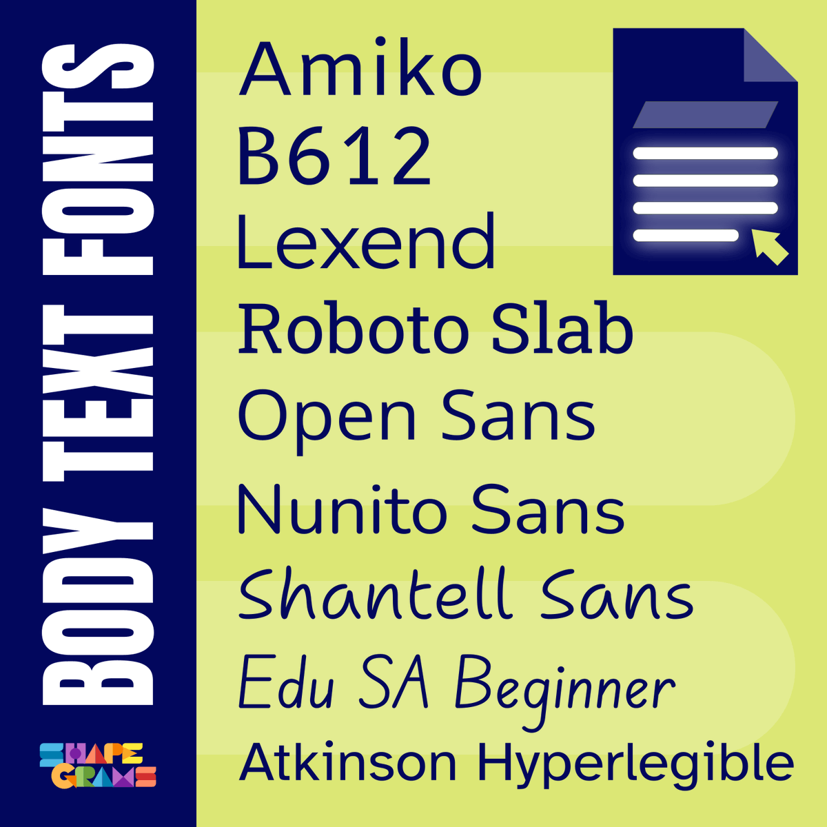 shapegrams's tweet image. Choose highly legible fonts for the body text in your documents and designs. Ample spacing, open interiors, and distinguishable characters contribute to a font’s legibility. #ISTELive
Use these fonts in Google Workspace or download them free from fonts.google.com.