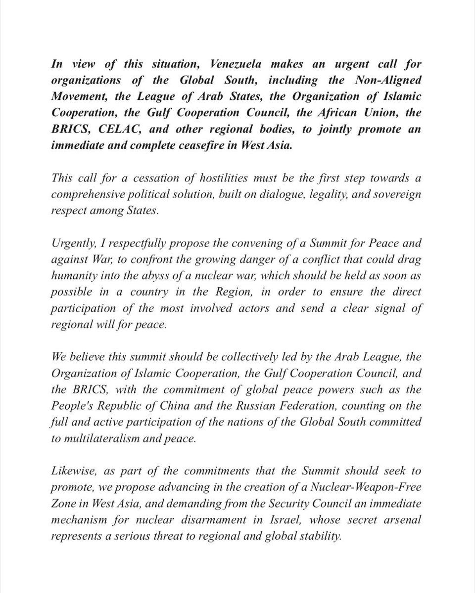 KawsachunNews's tweet image. Public letter from President of Venezuela @NicolasMaduro calling for an urgent ‘Summit for Peace and Against War’
The letter has been released in Spanish, English, French, Russian, Hebrew, Chinese, Turkish, Portuguese, Arabic and Persian.