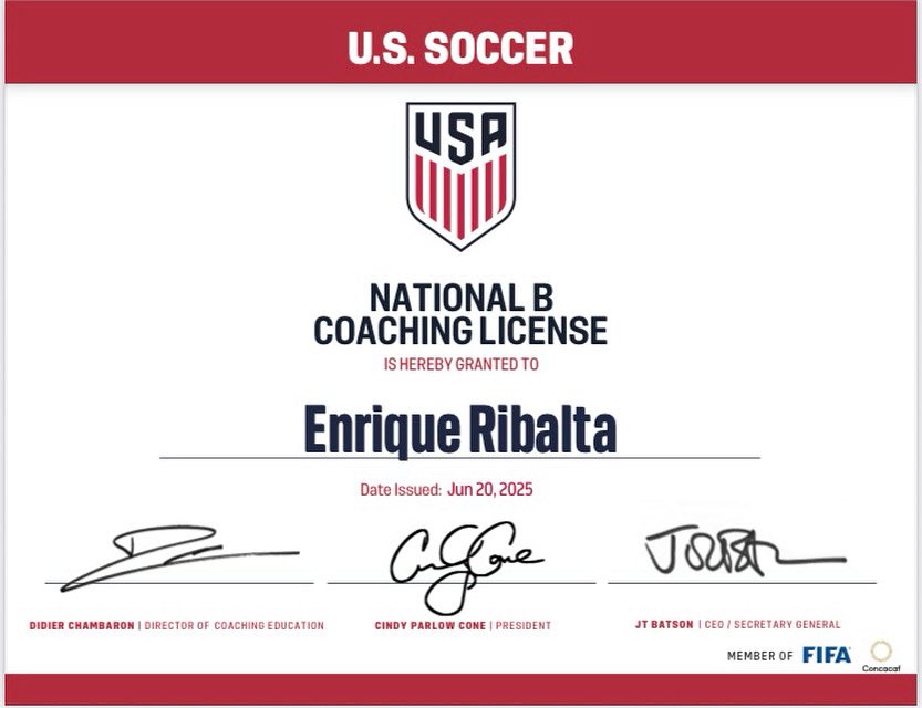 Kike Ribalta (@kiker1990) on Twitter photo After 6 months of hard work and learning, I’m proud to have earned my USSF B License.
Grateful to my instructors and all the coaches I shared this journey with.
Thanks <a href="/ClassicsEliteSA/">Classics Elite Soccer Academy</a> , <a href="/LonestarSC/">Lonestar Soccer Club ⚽️</a> and my wife <a href="/AndreaVivancos/">Andrea Vivancos</a> —always there when it matters most.
#USSF #Coaching After 6 months of hard work and learning, I’m proud to have earned my USSF B License.
Grateful to my instructors and all the coaches I shared this journey with.
Thanks <a href="/ClassicsEliteSA/">Classics Elite Soccer Academy</a> , <a href="/LonestarSC/">Lonestar Soccer Club ⚽️</a> and my wife <a href="/AndreaVivancos/">Andrea Vivancos</a> —always there when it matters most.
#USSF #Coaching
