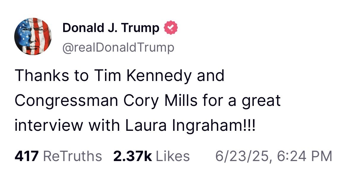 RepMillsPress's tweet photo. Thank you for your strong leadership President @realDonaldTrump! It’s not hard to have a great interview when you keep winning. Historic strike, historic ceasefire, historic achievements across the board. @TimKennedyMMA and I had it easy. 🦅🇺🇸 https://t.co/GyBrMomSat