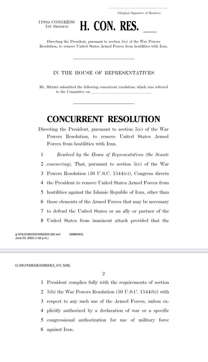Nikole Killion (@nikolendc) on Twitter photo Tonight <a href="/RepGregoryMeeks/">Rep. Gregory Meeks</a> <a href="/jahimes/">Jim Himes 🇺🇸🇺🇦</a> <a href="/RepAdamSmith/">Rep. Adam Smith</a> introduced a new #warpowers resolution ordering “the removal of U.S. Armed Forces from hostilities against Iran… while preserving the ability to defend the U.S. and its partners and allies from imminent attack.” ⬇️ Tonight <a href="/RepGregoryMeeks/">Rep. Gregory Meeks</a> <a href="/jahimes/">Jim Himes 🇺🇸🇺🇦</a> <a href="/RepAdamSmith/">Rep. Adam Smith</a> introduced a new #warpowers resolution ordering “the removal of U.S. Armed Forces from hostilities against Iran… while preserving the ability to defend the U.S. and its partners and allies from imminent attack.” ⬇️