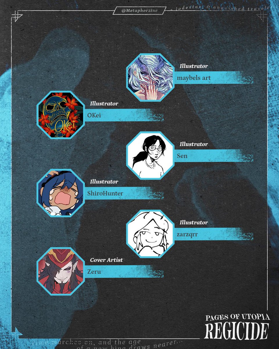 Meet the contributors of Regicide:

⚔️maybels art
⚔️OKei
⚔️Sen
⚔️<a href="/ShiroHunter/">Shiro ❄️</a> 
⚔️<a href="/zarzqrr/">Zar</a> 
⚔️<a href="/MarchenVonFried/">ZeruZeru - COMMISH OPEN! (1/10)</a>