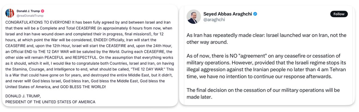 Seeing these two posts side by side, I’m struck by how different the stories are. On one hand, President Trump is celebrating what he calls a done deal—a full ceasefire between Israel and Iran, set to kick in soon, ending a 12-day war with hope for peace. On the other, Iran’s