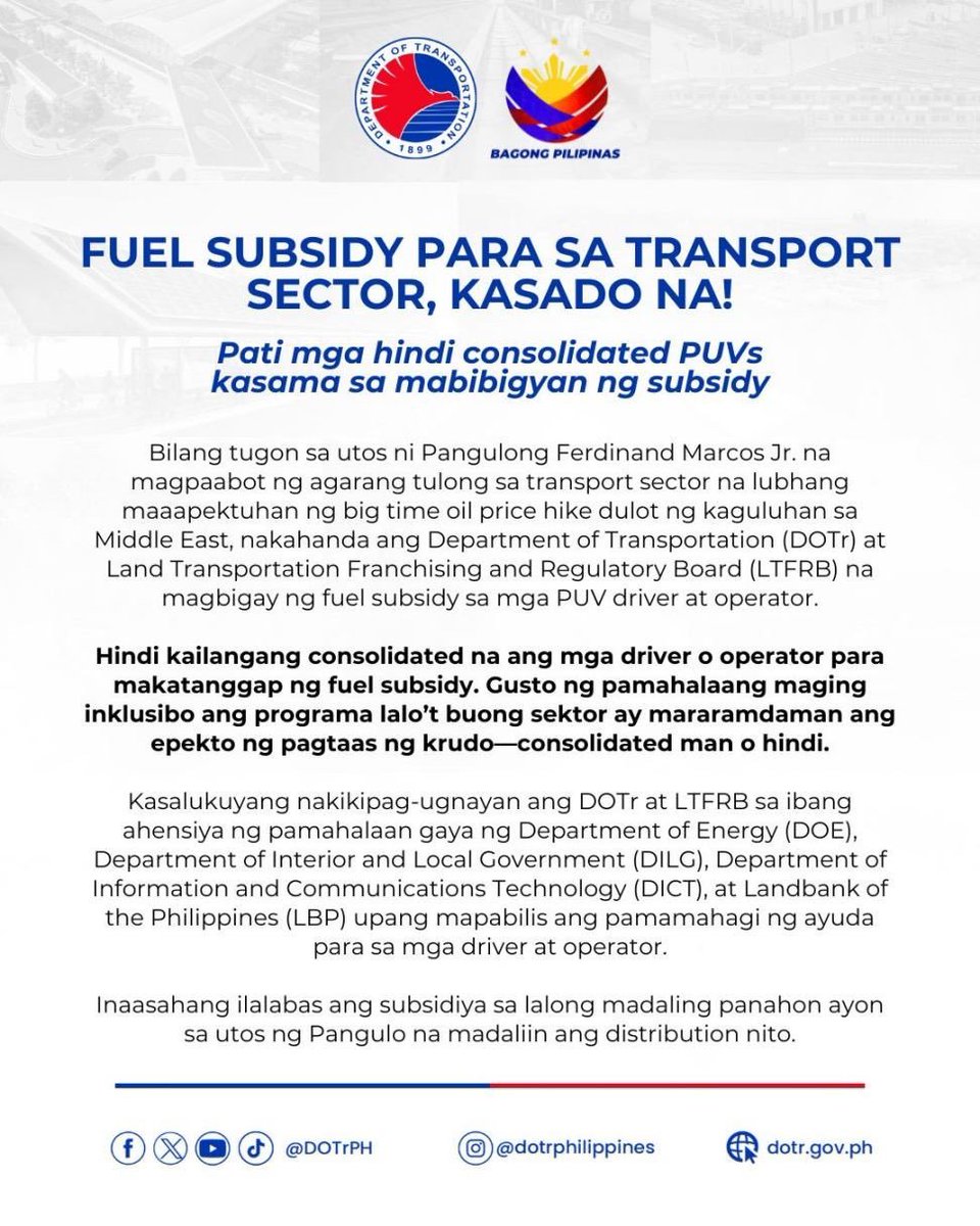 NewsWatch Plus PH (@newswatchplusph) on Twitter photo READ: All consolidated and non-consolidated PUV drivers and operators are eligible to receive fuel subsidy in light of rising oil costs, the Transportation Department says.
Oil firms are implementing a two-step hike that begins today, June 24 | <a href="/bylancemejico/">Lance Mejico</a>
📷 DOTr READ: All consolidated and non-consolidated PUV drivers and operators are eligible to receive fuel subsidy in light of rising oil costs, the Transportation Department says.
Oil firms are implementing a two-step hike that begins today, June 24 | <a href="/bylancemejico/">Lance Mejico</a>
📷 DOTr