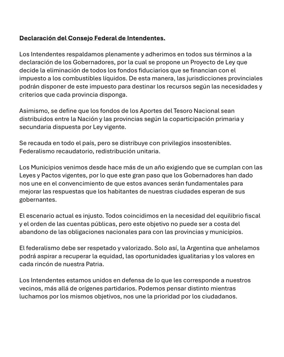 Desde el interior profundo del país, #Formosa no ha sido ajena a las decisiones injustas que vienen desde la #Nación. Como intendentes, acompañamos el camino que hoy marcan los gobernadores: el reclamo por un federalismo real.

#FormosaPresente #FederalismoVerdadero