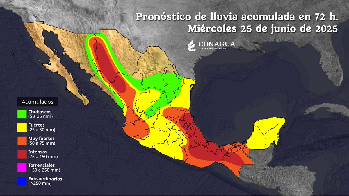 De acuerdo con <a href="/conagua_clima/">CONAGUA Clima</a>, del 23 al 25 de junio un #TemporalDeLluvias ⛈️☔️  afectará a gran parte del país. Consulta los detalles en el mapa.

🧵En el hilo todas las recomendaciones para que te protejas.
<a href="/laualzua/">Laura Velázquez Alzúa</a>