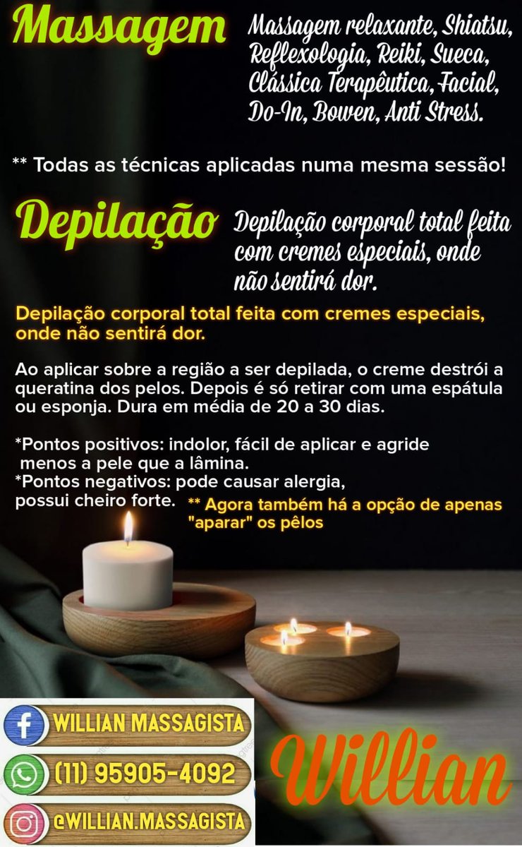 Venha agendar seu horário!!!!!!

De 24 a 30/06 promoções especiais para sessões de massagem.

(11) 95905-4092 chama e agende seu horário.

<a href="/seguidores/">seguidores</a>
@lista
<a href="/contatos/">contatos</a>
<a href="/todos/">todos</a>
#massagem 
#massagefullservice 
#Massager 
#depilacao 
#depilacaomasculina 
#depiladinho 
#depilação