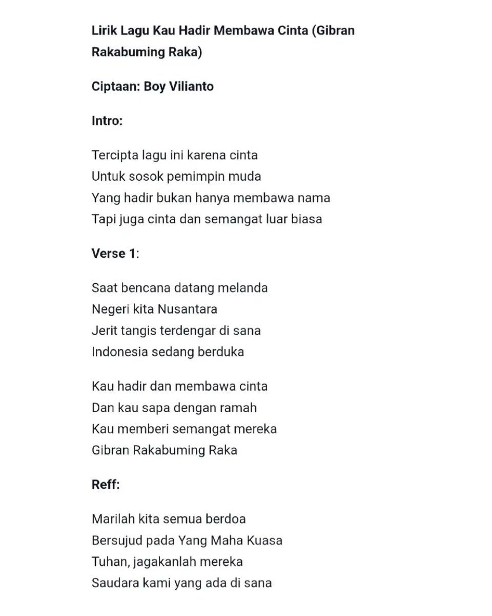 Seorang musisi membuat lagu untuk wapres Gibran berjudul "kau hadir membawa cinta"

Otw komisaris nih 😅