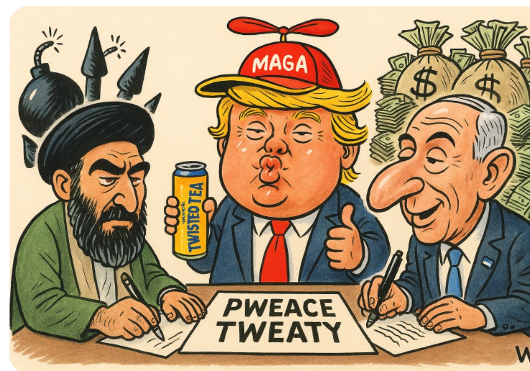 OfCrypto69's tweet photo. @yourcryptodj The Pweace Tweaty. A political cartoon of the last 12 days of war, and the result. 
Live on pump fun and phantom. 
Signed the Tweaty. Drank the $TWEA

7ey1NdCDadfgPdVE9f63rFsyMdftvrB3jn1CQt1Spump https://t.co/LV31slh82J