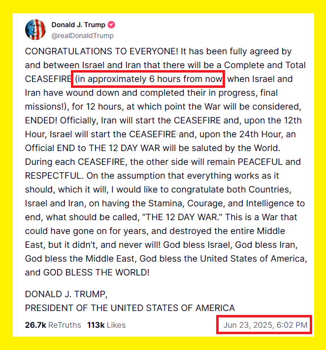 There is NO VIOLATION to the current ceasefire agreement. 

According to Trump they still have Roughly 2 HOURS to finish up.