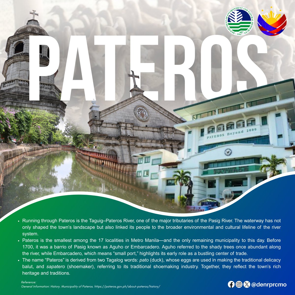 denrprcmo's tweet image. #𝐓𝐚𝐛𝐢𝐧𝐠𝐈𝐥𝐨𝐠: 𝐏𝐚𝐭𝐞𝐫𝐨𝐬 🦆👞

Welcome to the smallest locality in Metro Manila: Pateros! 

Flowing through this tiny town is Taguig-Pateros River, a major tributary of Pasig River 👉facebook.com/share/p/16jm5F…

#PasigRiverFrontCities #Pateros