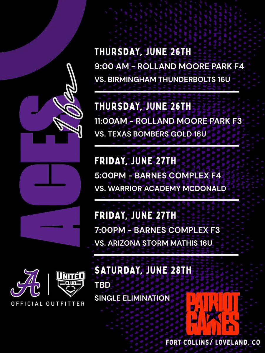 Colorado - here we come! 
Patriot Games schedule drop. 
<a href="/Aces_SoftballKC/">Aces Softball</a> 
<a href="/STayTaylor18/">Taylor Taylor</a> 
<a href="/rktaylor12/">RK Taylor</a>