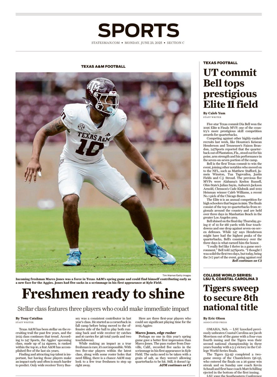 Tony Catalina (@tony_catalina) on Twitter photo Always cool to get the cover story in the paper.
My story on โ3 true freshmen who could contribute on Day 1โ with <a href="/MarcoJones2025/">Marco Jones</a> gracing the <a href="/statesman/">Austin Statesman</a> sports section.
Read the article here: statesman.com/story/sports/cโฆ Always cool to get the cover story in the paper.
My story on โ3 true freshmen who could contribute on Day 1โ with <a href="/MarcoJones2025/">Marco Jones</a> gracing the <a href="/statesman/">Austin Statesman</a> sports section.
Read the article here: statesman.com/story/sports/cโฆ
