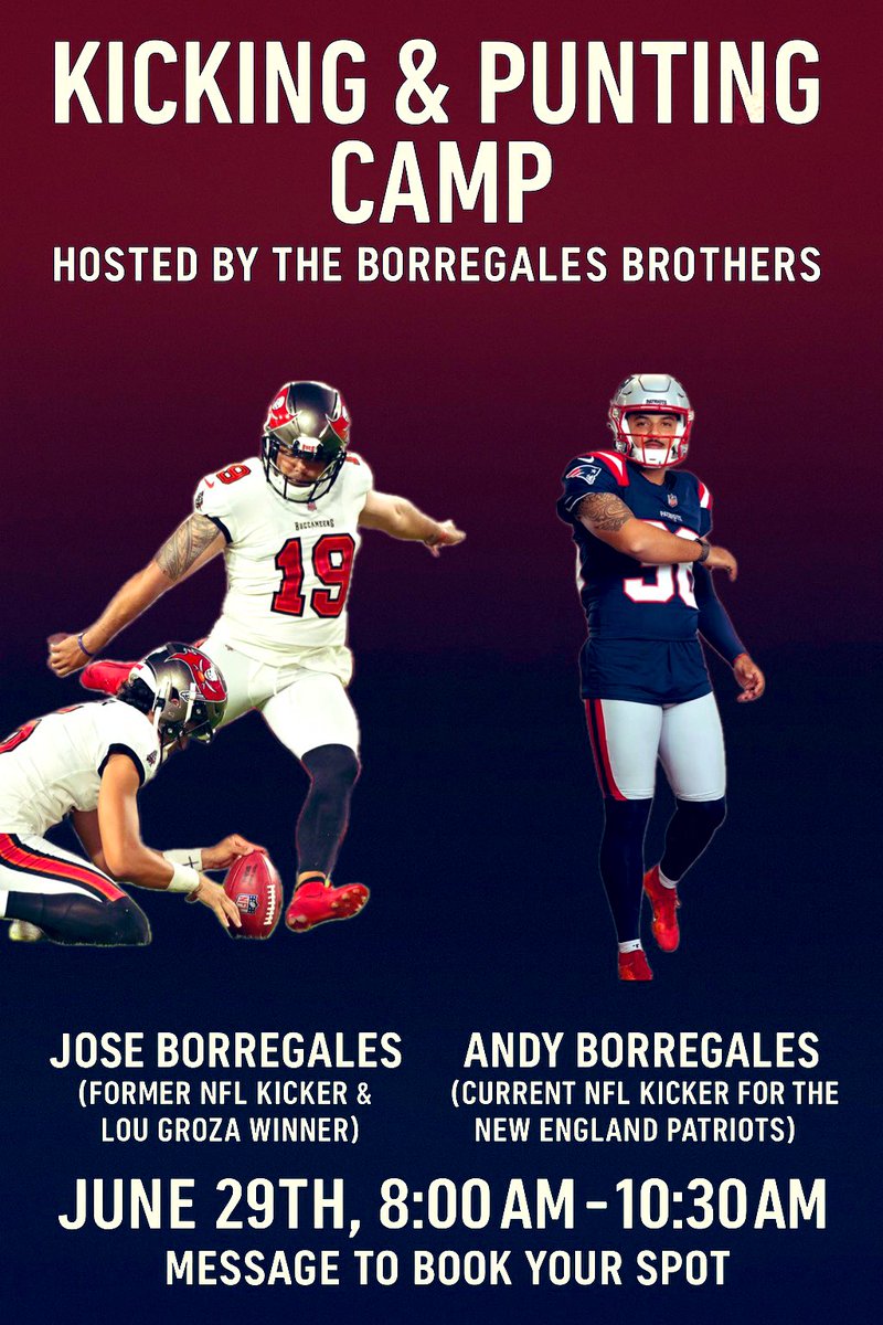 Jose Borregales (@f5_jose) on Twitter photo Kicking & Punting Camp 💥
June 29th • 8:00 AM - 10:30 AM
📍Book to get your spot — limited availability
Hosted by <a href="/Borregales_andy/">Andres Borregales💫</a> & Myself Kicking & Punting Camp 💥
June 29th • 8:00 AM - 10:30 AM
📍Book to get your spot — limited availability
Hosted by <a href="/Borregales_andy/">Andres Borregales💫</a> & Myself