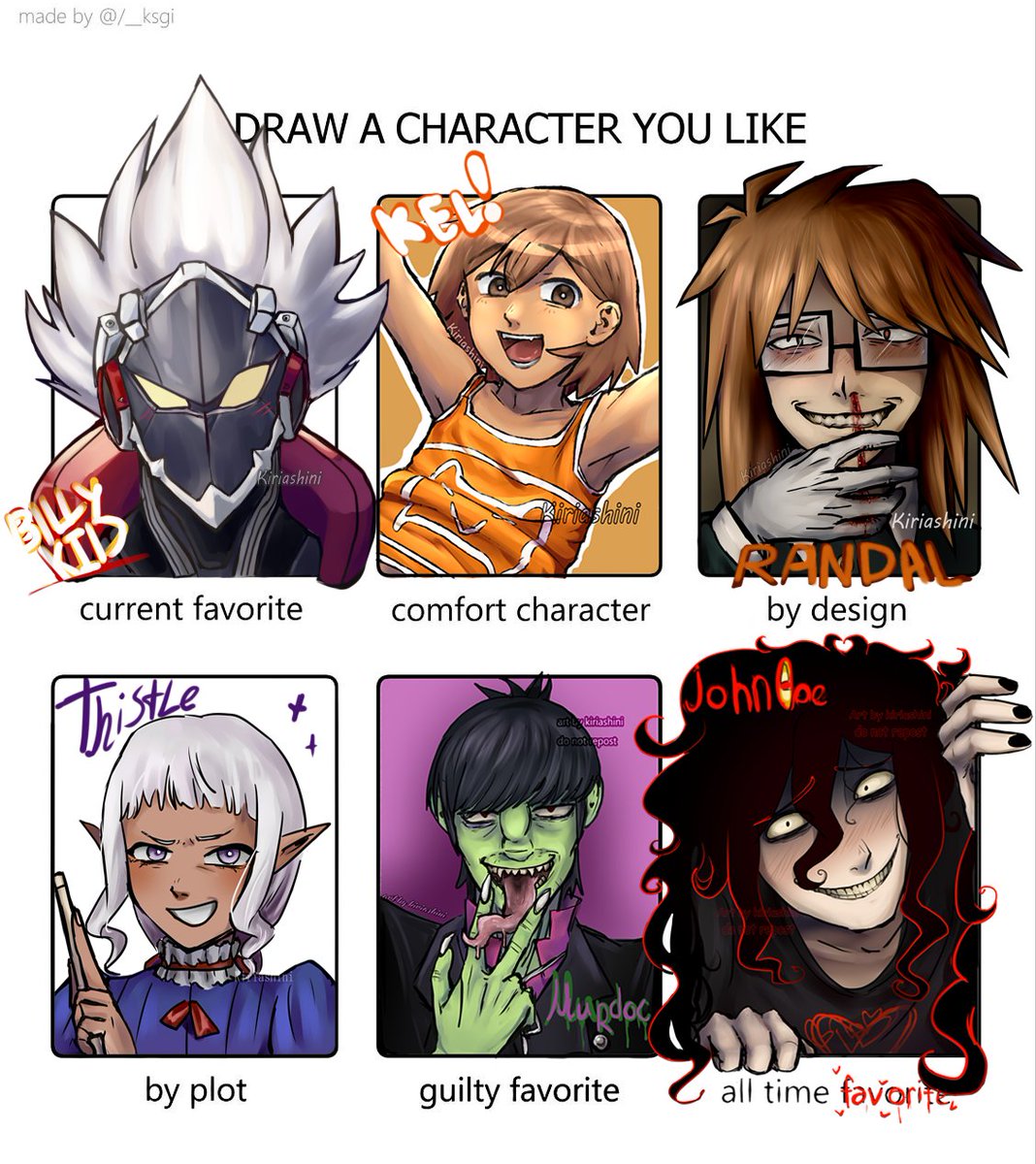 Kiriashini's tweet photo. Finally I'm done with this template.. Pheww...
#JohnDoe #BillyKid #Randal #kel #Thistle #Murdoc #arttwt #artmoots #drawacharacteryoulike https://t.co/uJI2e0UgcZ