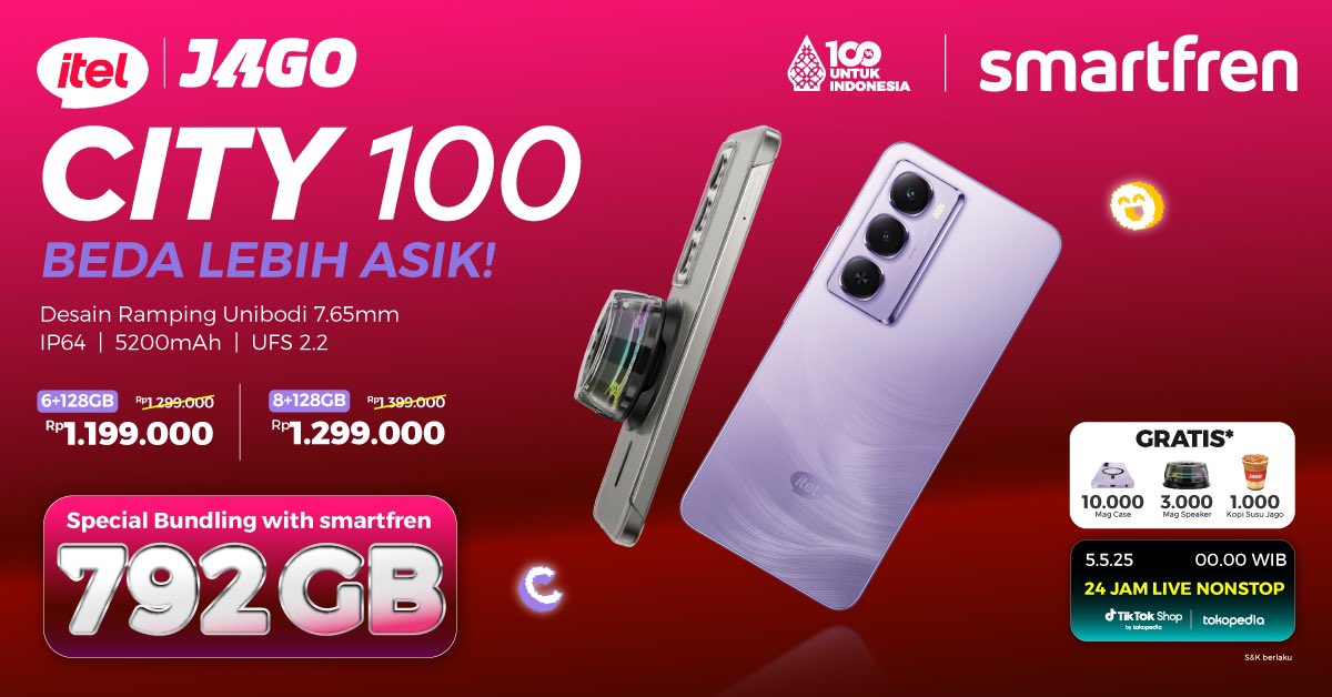 Dapatkan Bundling SP Vertical BONUS KUOTA hingga 792GB untuk pembelian itel City 100**!** Berlaku di Official Store iTel!

Promo dari 7 Mei - 30 Juni 2025
S&amp;K Berlaku

#smartfren #100PersenUntukIndonesia