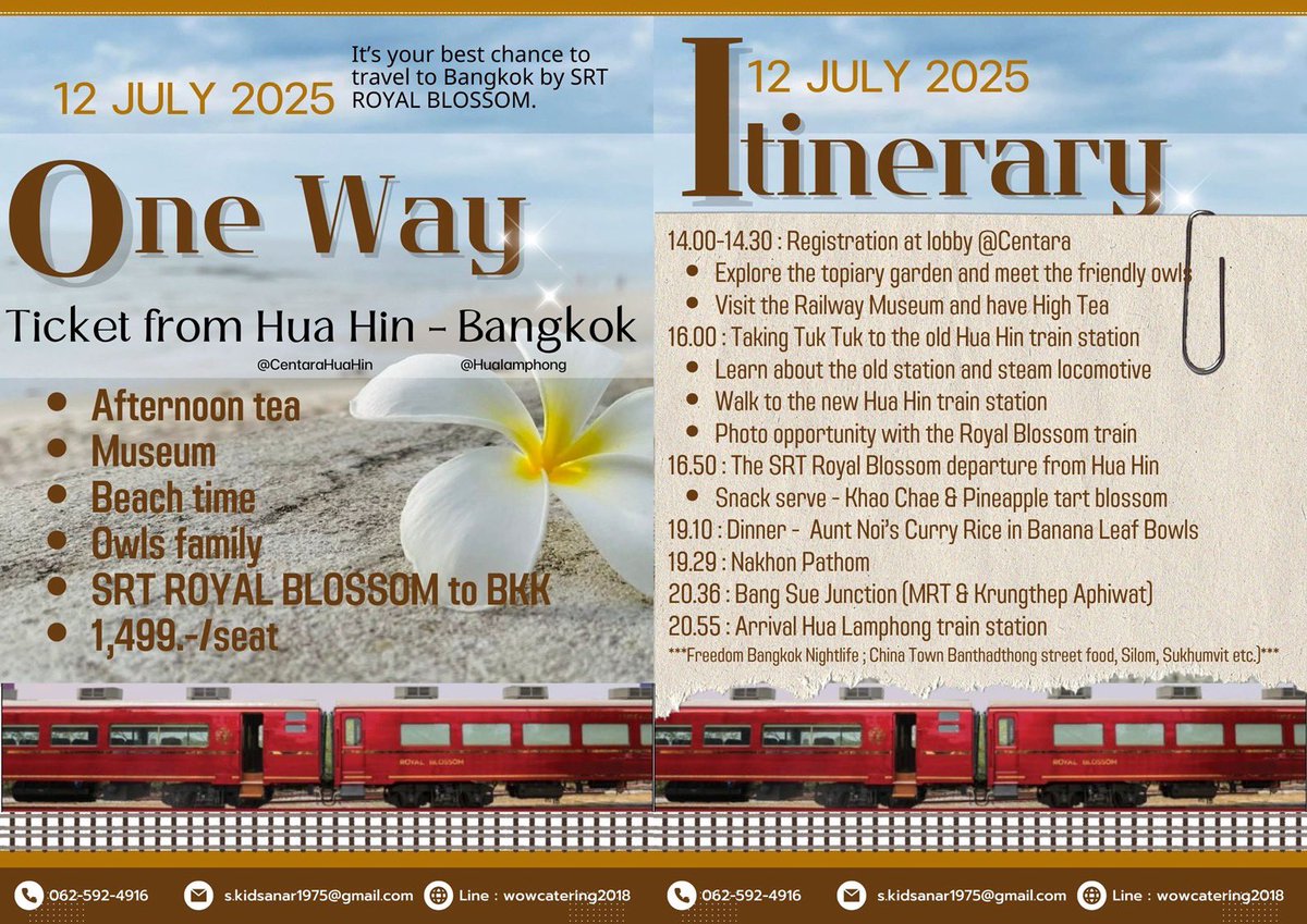 🎟️ Tickets Now On Sale – Ride the Royal Blossom from Hua Hin to Bangkok! 🌸🚂

Ready for something truly special? This is your chance to ride the SRT Royal Blossom, Thailand’s most luxurious train, on a one-way journey from Hua Hin to Bangkok – no tour package, no return ticket