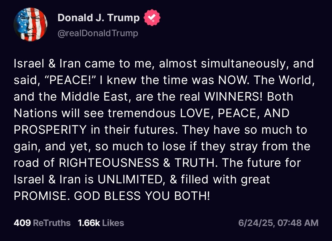 🚨🇺🇸🇮🇱🇮🇷 Another Post From Donald Trump on Iran-Israel Ceasefire 

#Iran #IranIsraelConflict #IranVsIsrael #Trump #MiddleEast #Israel