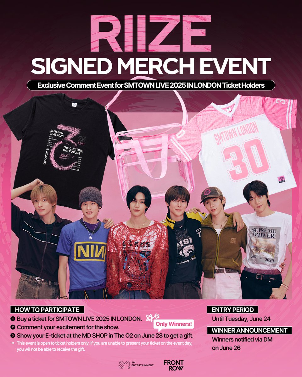 🎉 [Ticket Holder Exclusive] SMTOWN LIVE 2025 IN LONDON Instagram Comment Event 🎉

🎁 Prize : Group Autographed MD Item (6 Winners)
➡️ 2 PVC CLEAR BAGS / 2 RUGBY JERSEYS / 2 GRAPHIC T-SHIRTS

⭐️For event details and how to participate, please check out <a href="/frontrowglobal/">FrontRow</a> on