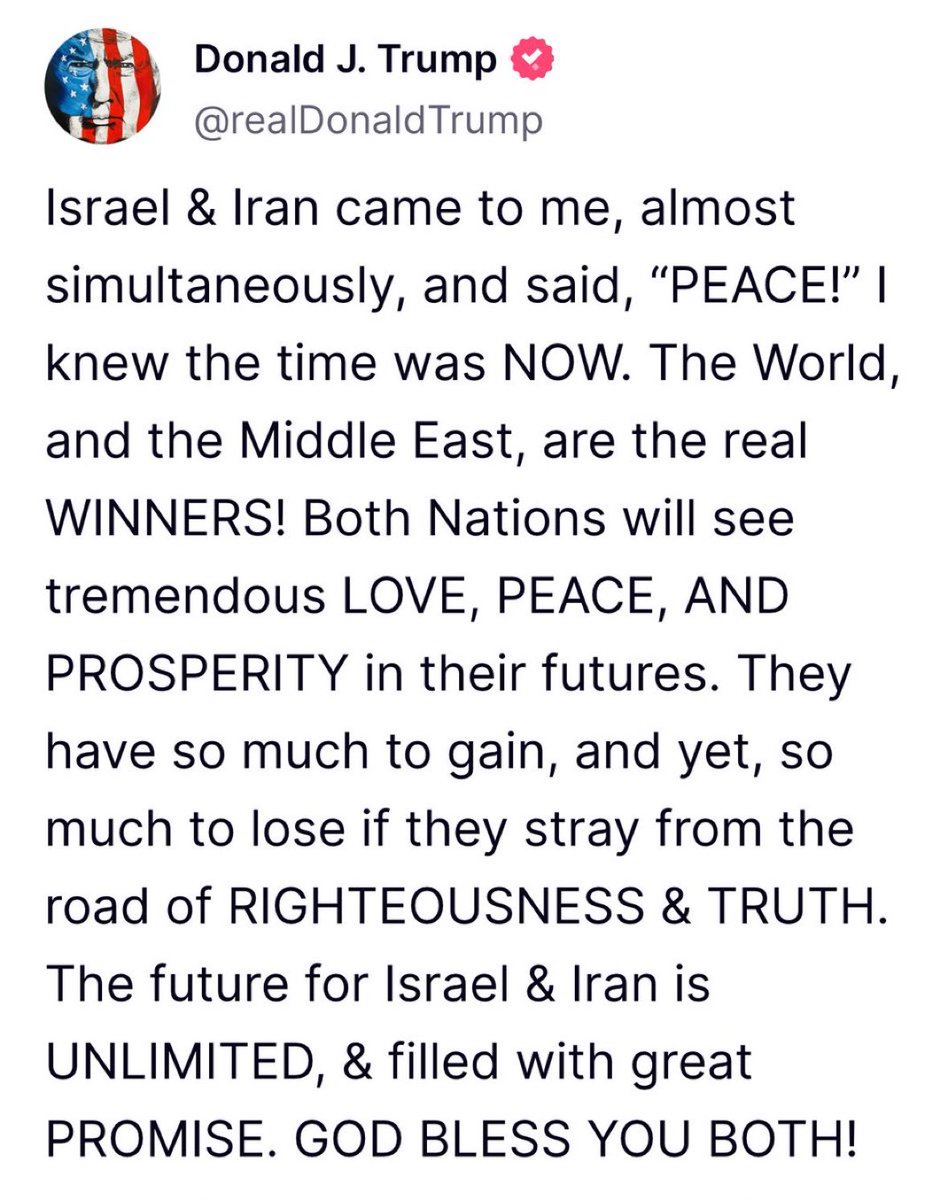 .<a href="/realDonaldTrump/">Donald J. Trump</a> says both #Iran &amp; #Israel reached out to him asking for Peace. 

#ceasefire #CeasefireNow #IranIsraelConflict #IranVsIsrael #DonaldTrump