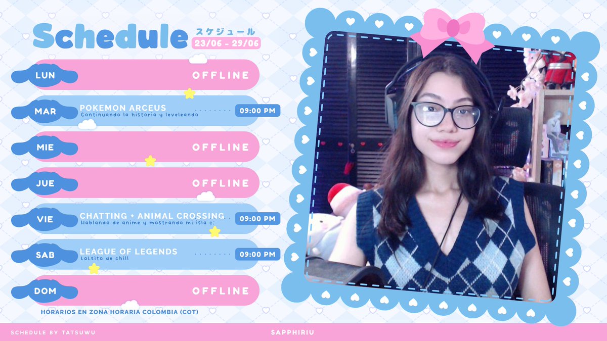 Wenaaas, bonita noche uwu 
🌷🌻CALENDARIO 23 - 29 JUNIO🌻🌷 
🌸 MARTES: Pokemon Arceus
🌸 VIERNES: Just Chatting de Anime + Animal Crossing
🌸 SÁBADO: League of Legends

Gracias por todo el apoyo! Nos vemos en el próximo stream c:💖
twitch.tv/sapphiriu 

#streamer #gamer