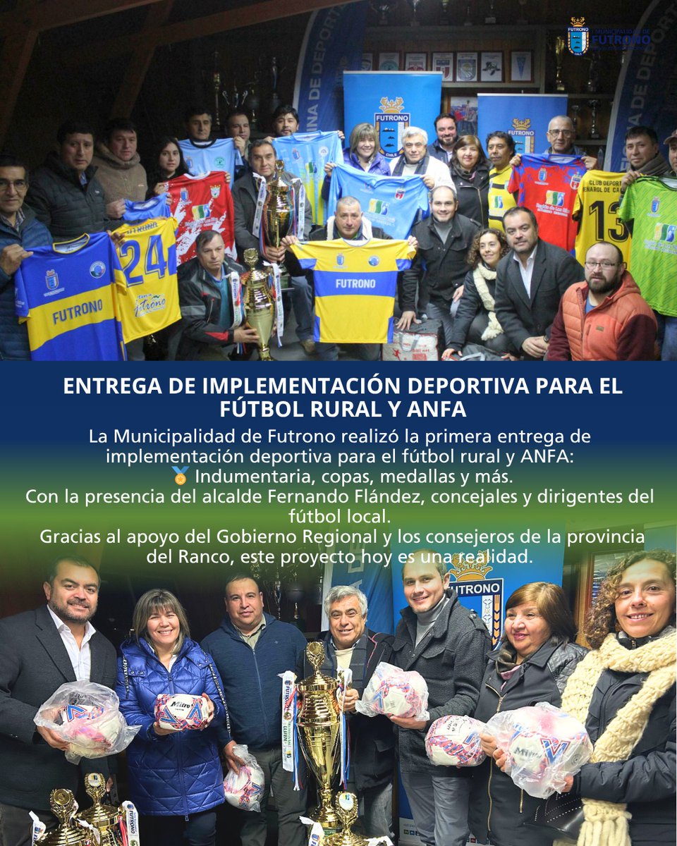 Municipio Futrono (@imunicipalidad) on Twitter photo ✅ ️Municipalidad de Futrono concreta importante entrega de implementación deportiva para el fútbol rural y ANFA gracias al apoyo del <a href="/GoreLosRios/">Gore Los Rios</a>
<a href="/somosfutrono1/">somosfutrono</a> <a href="/elfutrono/">elfutrono</a> <a href="/RadioDelLago933/">Radio Del Lago 93.3</a> ✅ ️Municipalidad de Futrono concreta importante entrega de implementación deportiva para el fútbol rural y ANFA gracias al apoyo del <a href="/GoreLosRios/">Gore Los Rios</a>
<a href="/somosfutrono1/">somosfutrono</a> <a href="/elfutrono/">elfutrono</a> <a href="/RadioDelLago933/">Radio Del Lago 93.3</a>
