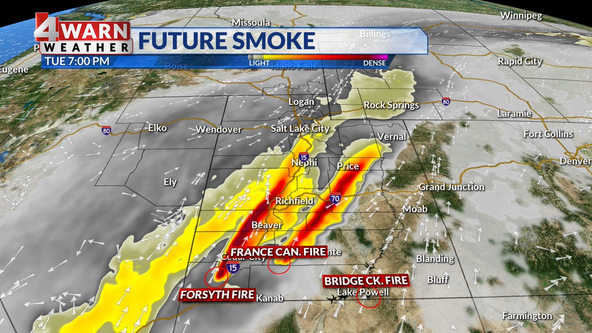Smoke from fires in southern Utah will continue pushing north through the West Desert into tonight, eventually reaching the Wasatch Front, but the thickest plumes will stay in SW Utah. Tomorrow evening the winds shift and push smoke further east #utwx
<a href="/abc4utah/">ABC4 News</a>