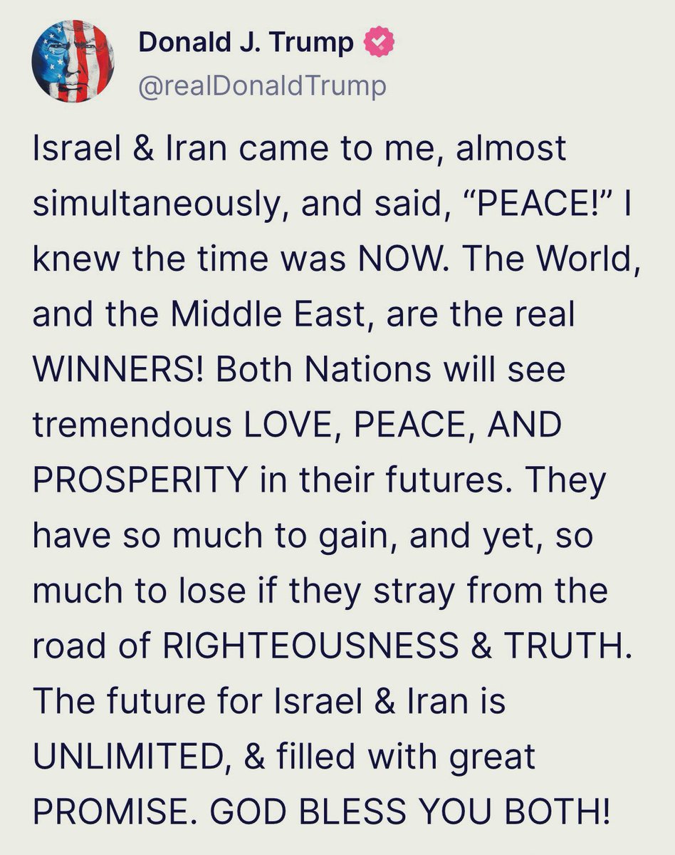 #ترمب: #إيران و #إسرائيل تواصلوا معي، بشكل متزامن تقريباً، وطلبوا السلام.
