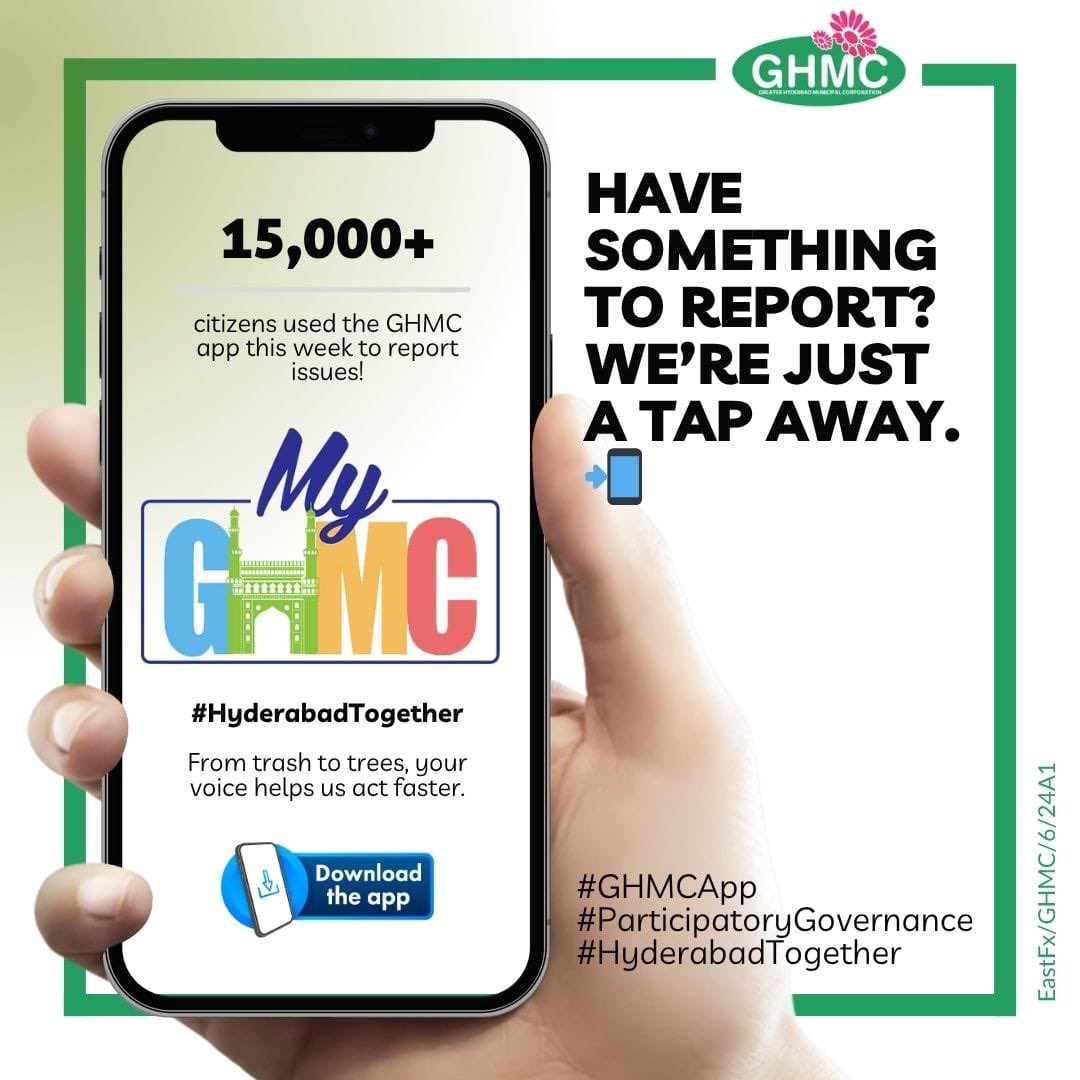 Seen something that needs fixing? 📸
Report it in seconds — trash, trees, lights, or stray animals.
GHMC is just a tap away.
#CitizenPower #GHMCApp #HyderabadTogether 
#Hyderabad #Telangana