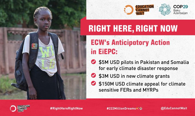 KentPage's tweet photo. #ECW's Anticipatory Action in #EiEPC:
🟢$5M pilots in 🇵🇰+🇸🇴for early climate disaster response
🟢$3M in🆕climate grants
🟢$150M climate appeal for climate sensitive #FERs & #MYRPs.
@EduCannotWait calls on public & private sector donors to act #RightHereRightNow to address the #climate & #education crisis!
#KeepHopeAlive #222MillionDreams✨📚