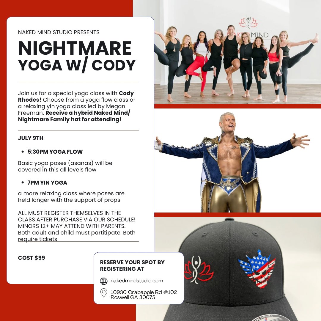 Brandi Rhodes (@thebrandirhodes) on Twitter photo Ucey tougher than a $10 steak but - Nightmare Fam with the W! 🥳 🥳🥳
Come meet <a href="/CodyRhodes/">Cody Rhodes</a> in GA and do a little yoga with him! Limited ticketed event! Check out the graphic for info and click one of the links below to book!
nakedmindstudio.brandbot-checkout.com/cody-rhodes-53…
nakedmindstudio.brandbot-checkout.com/cody-rhodes-7p… Ucey tougher than a $10 steak but - Nightmare Fam with the W! 🥳 🥳🥳
Come meet <a href="/CodyRhodes/">Cody Rhodes</a> in GA and do a little yoga with him! Limited ticketed event! Check out the graphic for info and click one of the links below to book!
nakedmindstudio.brandbot-checkout.com/cody-rhodes-53…
nakedmindstudio.brandbot-checkout.com/cody-rhodes-7p…