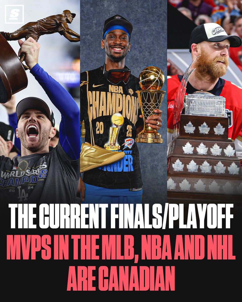 OH CANADA! 

For the first time in history, the reigning MLB, NBA and NHL MVPs in the Finals and Playoffs are all Canadian! 🇨🇦

Willie Mays World Series MVP: Freddie Freeman 
Bill Russell NBA Finals MVP: Shai Gilgeous-Alexander
NHL Conn Smythe Trophy: Sam Bennett