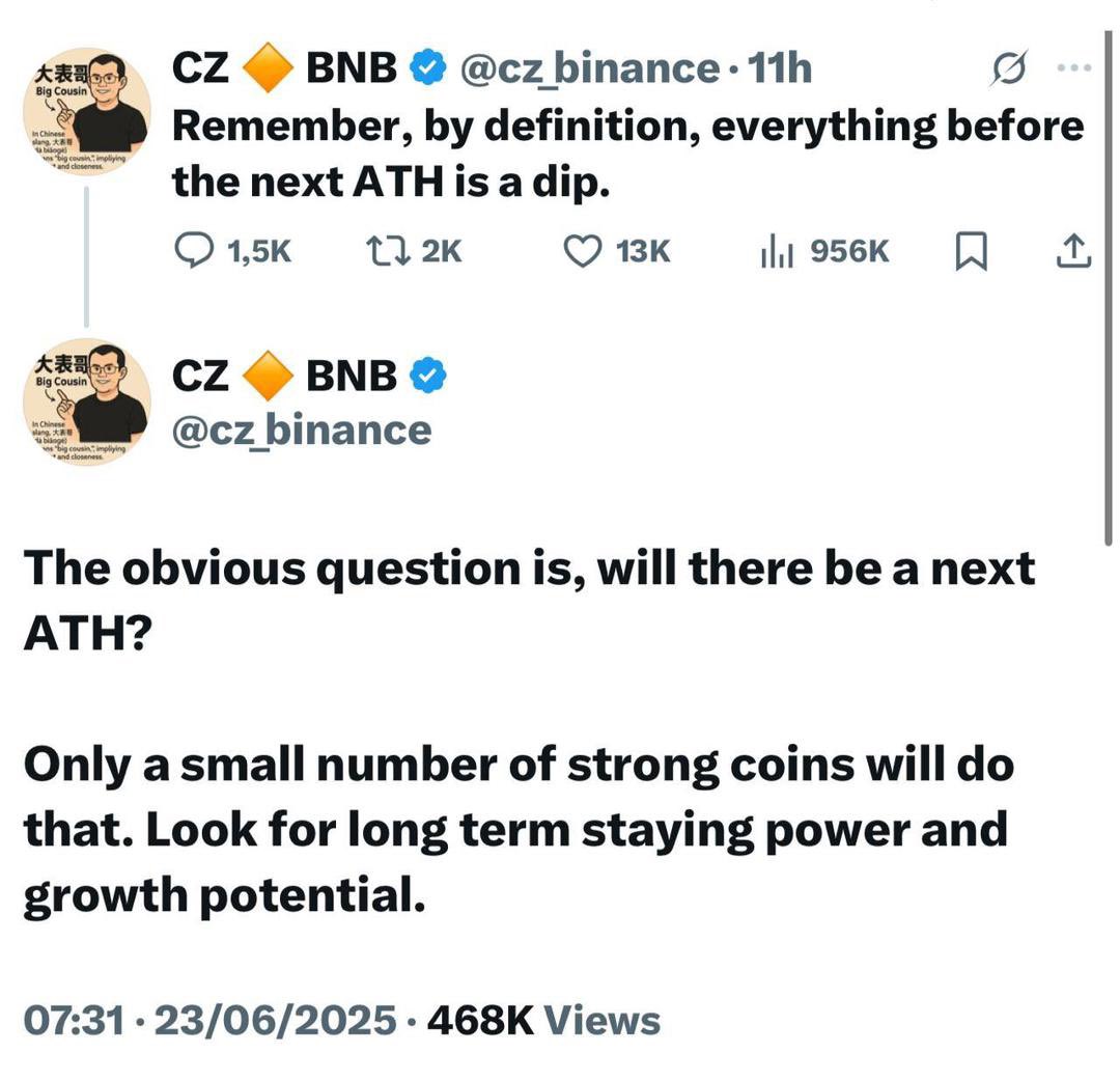 🚨BREAKING:  Ex-Binance CEO <a href="/cz_binance/">CZ 🔶 BNB</a> warns not every token will hit a new ATH only the strongest projects will make it long-term. Survival of the fittest in crypto💪