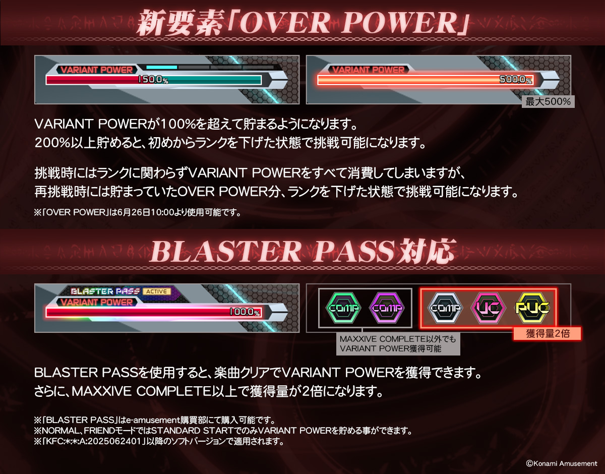 ――今、“究極”のエフェクトが目を醒ます。

( ˘ω˘ )6月26日ヨリ、新要素「OVER POWER」が登場デス…
さらにBLASTER PASS使用により、VARIANT POWERがさらに貯まりやすくなりマス…
願いを込めテ、印の力を見出しまショウ…
p.eagate.573.jp/game/sdvx/ #SDVX
